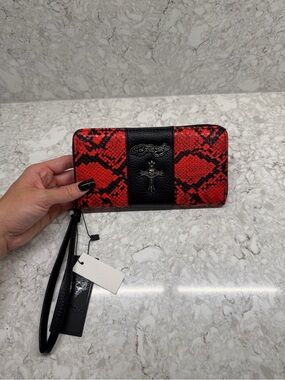Ed Hardy Red and Black Snake-Print Zip Wristlet Wallet